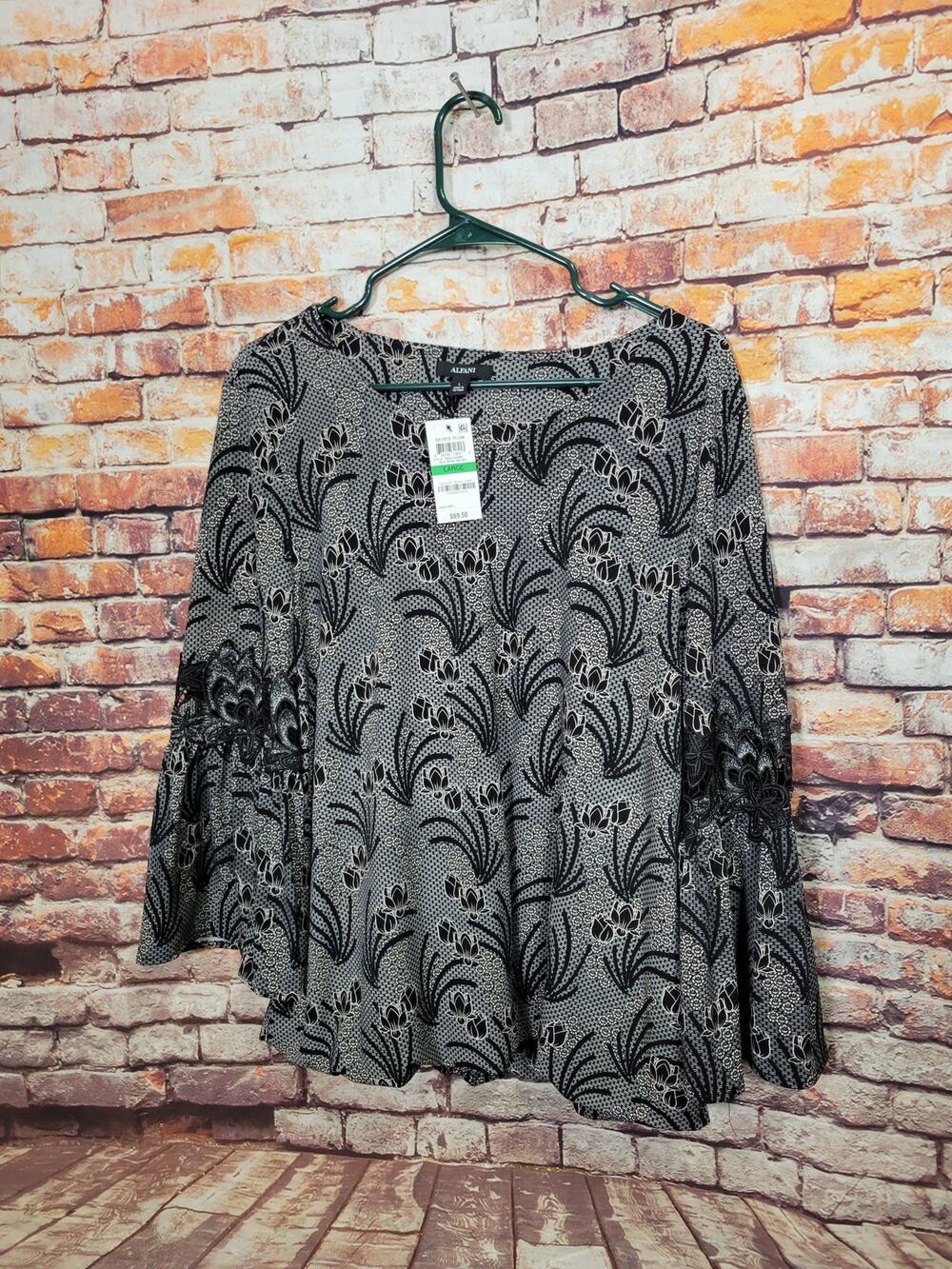 Alfani Women's Long Sleeve Embroidered Dress Shirt Size L Black New with Tags